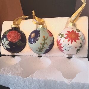 NWOT   Hand Painted Floral Glass Christmlas Ornaments; Set of Three Ornaments
